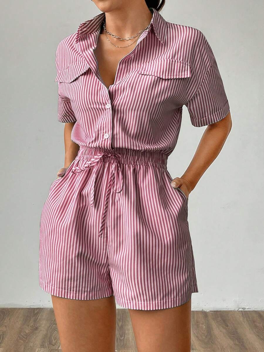 Flirla 1pc Summer Striped Waist Romper - Burgundy - View 1