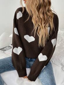 Chiquease Women's Heart Pattern Casual Knit Sweater, Spring/Fall Knit Pullover Fall Winter Outfit - Coffee Brown - View 3