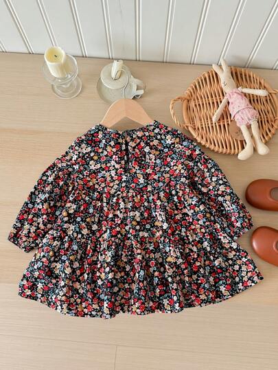 SHEIN LMoss Kids LMoss Baby Girl Baby Girl Ditsy Floral Long Sleeve Dress, Suitable For Vacation, Outing And Party, Fall/Winter