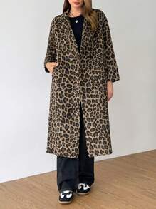 SHEIN Unity Women's Autumn/Winter Leopard Print Lapel Collar Long Sleeve Pocket Long Fashionable Coat