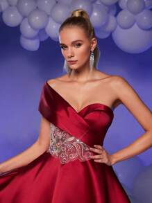 SHEIN Belle Burgundy Red Elegant & Glamorous Stunning Red Shoulder-Revealing High Waist Luxurious Embroidered Pearl & Rhinestone Decor Flare Short Dress, Suitable For Wedding, Graduation, Holiday, Bachelorette Party, Prom, Semi Formal Dress, For Birthday, Wedding Guest, Homecoming - Burgundy - View 6