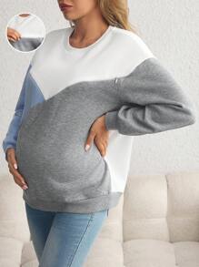 SHEIN Áo nỉ cho con bú chắp vá nhiều màu sắc thường ngày dành cho bà bầu, áo nỉ cho con bú chắp vá - Màu Xám nhạt - Xem 6
