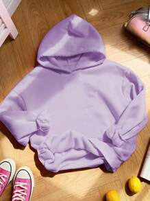 SHEIN 少女休闲简约宽松加厚抓绒卫衣，印有笑脸图案，适合秋冬季穿着 - 淡紫色 - 查看 6