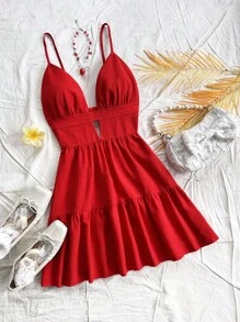 Soleia Vacation Loose V-Neck Backless Red Slip Dress,Summer Dresses For Women - Red - View 3