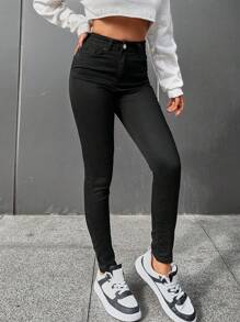 RueChic Solid Slant Pocket Skinny Pants - Black - View 4