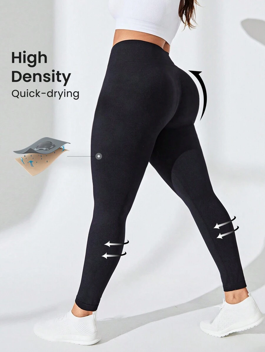 SHEIN Sports 大码无缝高腰收腹运动紧身裤 - 黑色 - 查看 1