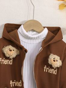 SHEIN 女童时尚趣味字母印花休闲日常穿着长袖可爱熊连帽衫带耳朵拉链夹克运动衫外套适合返校秋冬 - 彩色 - 查看 4