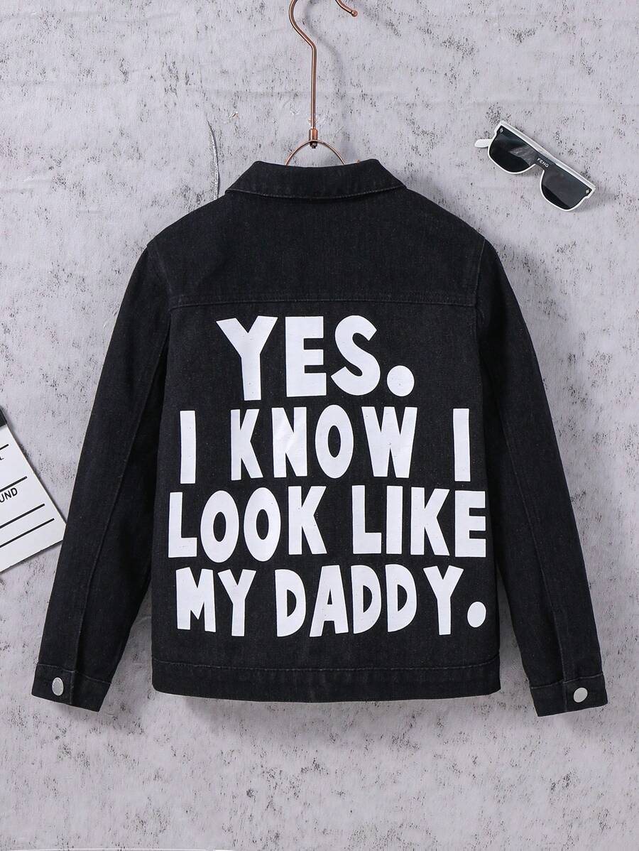 SHEIN Tween Boy Fashion Casual Large Letter Print Design Black Denim Lapel Long Sleeve Jacket For Dailywear And Fall Kids Clothes - Black - View 1