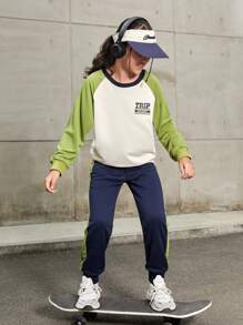 SHEIN 女童户外徒步露营森林垂钓城市休闲春秋休闲运动宽松插肩拼色连帽卫衣套装 - 杏色 - 查看 4