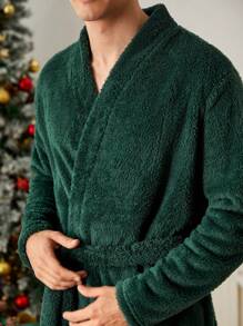 男士纯色长袖羊毛浴袍，秋冬 - 墨綠色 - 查看 7