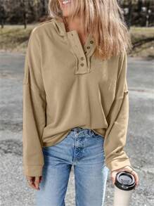 INAWLY Áo hoodie nữ màu trơn tối giản, kiểu dáng thường ngày, thích hợp cho mùa thu. - Màu Khaki - Xem 1