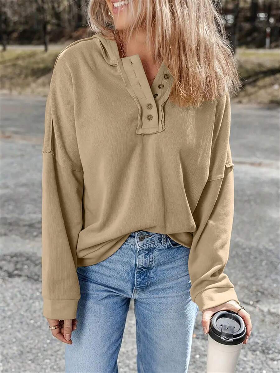INAWLY Áo hoodie nữ màu trơn tối giản, kiểu dáng thường ngày, thích hợp cho mùa thu. - Màu Khaki - Xem 1
