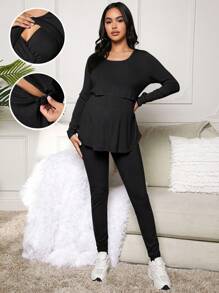 SHEIN 哺乳孕妇休闲纯色长袖上衣和裤子套装，春/秋 - 黑色 - 查看 5