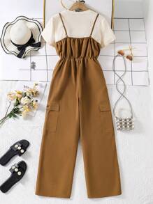 2pcs/Set Teen Girl Casual Simple Sleeveless Top And Jumpsuit Pants Set