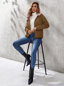 GENKIRA 冬季服装休闲纯色保暖连帽棉服夹棉外套 - 咖啡棕 - 查看 5