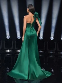 Glamrae Vestido elegante de fiesta, noche, boda, graduación o cena con lazo verde, inserto de lentejuelas, cintura alta, corte slim, abertura lateral y bajo con cola de sirena - Verde - Ver 4