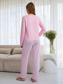 EURMUSE Cotton 2Pcs  Eye Printed Shirt And Striped Long Bottom Pj Set - Pink - View 2