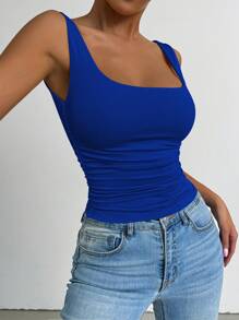 Chiquease Camiseta de tirantes ajustada de unicolor con cuello cuadrado y drapeado, casual de verano - azul real - Ver 3