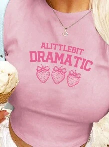 INAWLY Y2K標語草莓印花女士短袖修身T恤，夏季