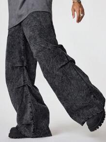 Manfinity RebelGame 男士宽松水洗休闲裤，休闲百搭深灰色长裤，适合外出穿着，可作为送给丈夫或男友的礼物 - 黑色 - 查看 1