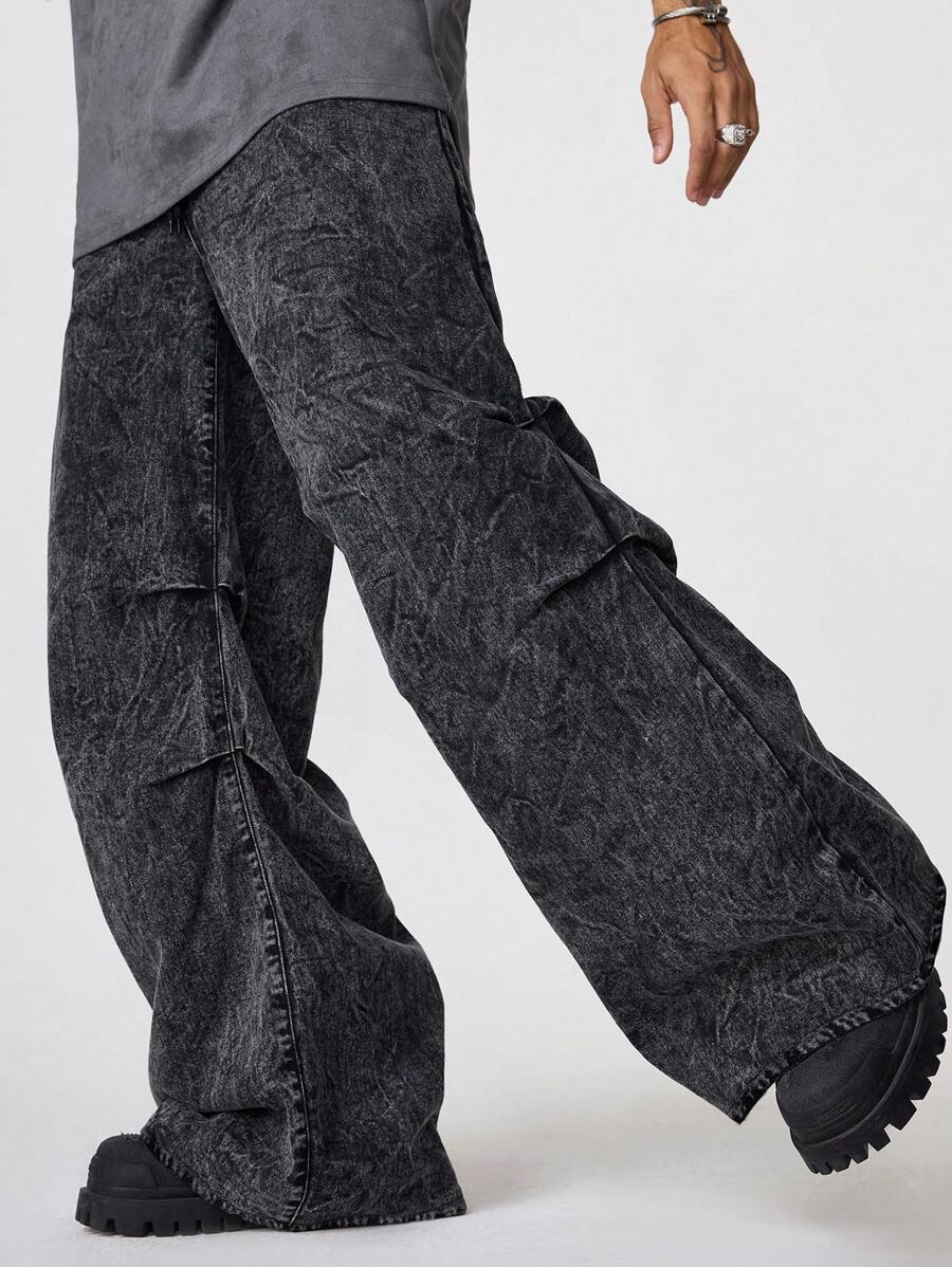 Manfinity RebelGame 男士宽松水洗休闲裤，休闲百搭深灰色长裤，适合外出穿着，可作为送给丈夫或男友的礼物 - 黑色 - 查看 1