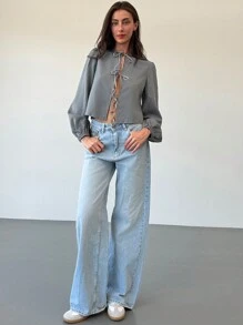 Aloruh Elegant Gray Tie Front Lantern Sleeve Cropped Fitted Women Shirt For Commuting - Grey - View 4