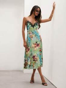 COSMINA Women's Floral Print Contrast Lace Elegant Cami Party Gala Cocktail Dress