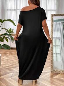 SHEIN LUNE Plus Butterfly Print Hidden Pocket Batwing Sleeve Dress Maxi Women Outfit - Black - View 2