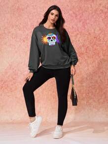Cecilia Maafs Artist Day Of The Dead Women's Casual Simple Skull Printed Round Neck Loose Fit Sweatshirt For Holiday, Vacation, Spring, Festival, For Workout, Ibiza Fits, Western Wear