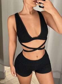 SHEIN ICON 2pcs Summer Sexy Backless Tie Camisole And Plain Low-Waist Shorts Set