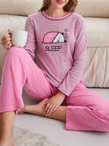 EURMUSE 100% Cotton 2Pcs  Contrast Colour Striped Bear Embroidery Detail Shirt And Long Bottom PJ Set - Pink - View 4