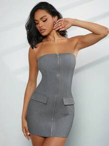 SHEIN Unity Business Casual Cargo Pocket Zip Up Tube Mini Dress - Grey - View 3