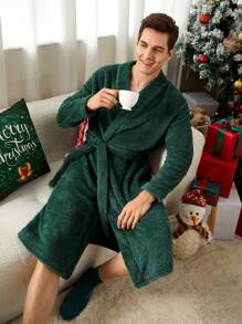 男士纯色长袖羊毛浴袍，秋冬 - 墨綠色 - 查看 4