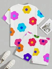 Manfinity Homme Men's Colorful Floral Print Crew Neck Short Sleeve T-Shirt & Shorts Set - Multicolor - View 2