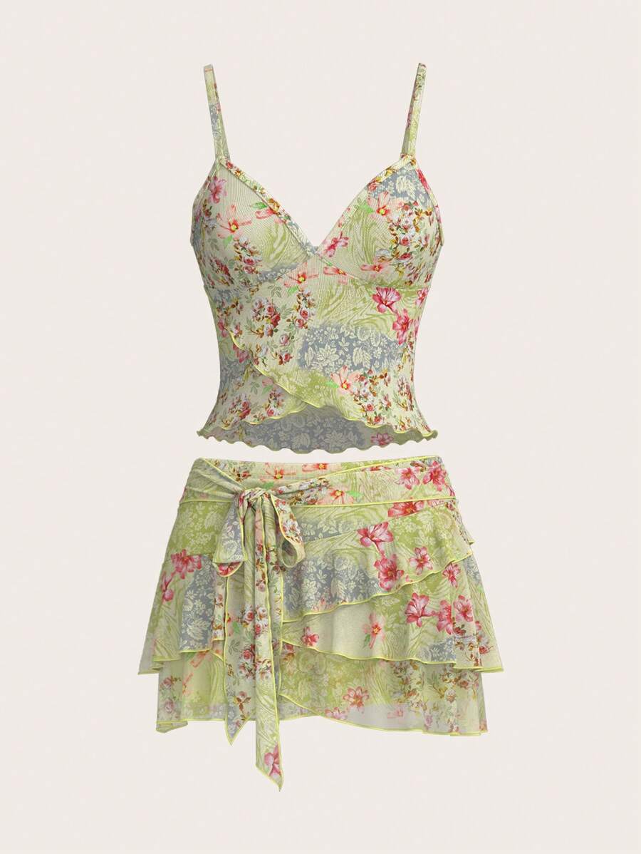 Sweetina 2 件花卉印花吊带背心和低腰多肩带装饰迷你裙套装 - 綠色 - 查看 1