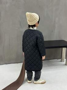 SHEIN 1pc Young Boy Rhinestone Quilted Padded Mid-Length Jacket, Versatile For Fall/Winter Daily Wear, School & Casual Occasions - Black - View 2