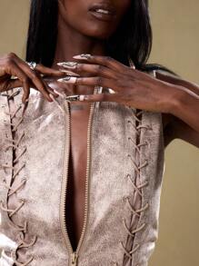 MUSERA Lace Up And Zip Up PU Top Vacation Spring Summer Sexy Club Festival - Multicolor - View 5