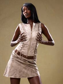 MUSERA Lace Up And Zip Up PU Top Vacation Spring Summer Sexy Club Festival - Multicolor - View 6