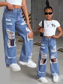 SHEIN Pantalones vaqueros anchos y rectos de cintura alta con efecto desgastado y bolsillos en ángulo, de estilo Y2K y color claro, para niña preadolescente, ropa de calle para volver al colegio en otoño - Azul lavado medio - Ver 1