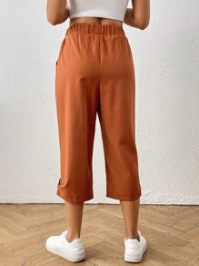 SHEIN LUNE Quần short dài vừa phải màu cam ngày lễ thường ngày dành cho nữ - Màu Cam cháy - Xem 2