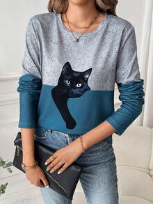 SHEIN LUNE Áo thun nữ cổ tròn dài tay in hình mèo đơn giản thường ngày - Nhiều màu - Xem 3