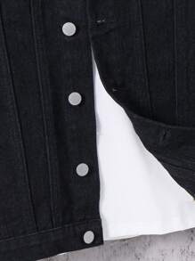 SHEIN Tween Boy Fashion Casual Large Letter Print Design Black Denim Lapel Long Sleeve Jacket For Dailywear And Fall Kids Clothes - Black - View 6