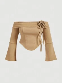 SHEIN MOD Plus Size Denim Blouse With Sweetheart Neckline And Flare Sleeves In Khaki