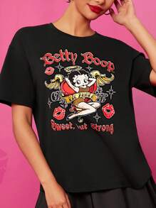 Betty Boop x SHEIN Women Black Casual Cartoon Characters And Letters Printed Drop Shoulder Loose T-Shirt Fall Clothes Fall Shirts - Black - View 3
