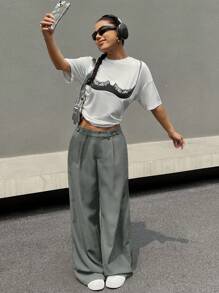 Muchica 女士纯色简约日常长裤 - 灰色 - 查看 3