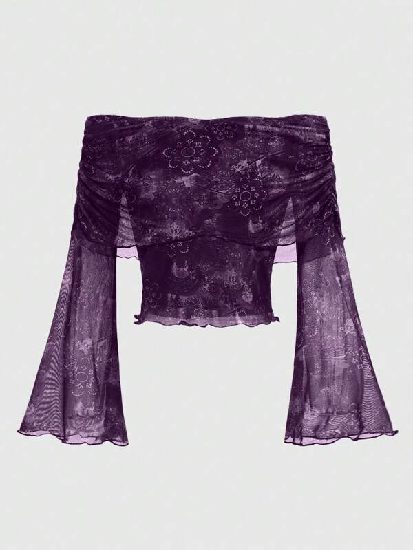 ROMWE Hippie Top de damă vintage cu mâneci clopot cu umăr dezactivat cu imprimeu floral, primăvară toamnă