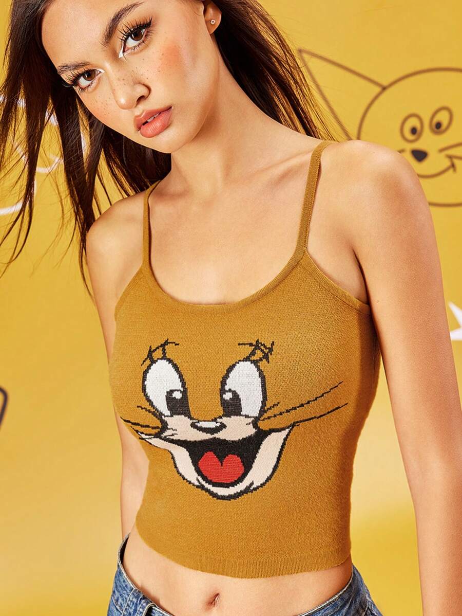 TOM & JERRY X SHEIN Women's Fall Cartoon Pattern Slim Fitted Yellow Y2k Crop Cami Knit Top