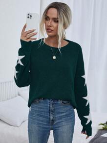 EMERY ROSE Crew Neck Long Sleeve Pentagram Graphic Casual Knit Pullover Sweater, Daily Wear, Knit Pullover Fall Winter - Green - View 4