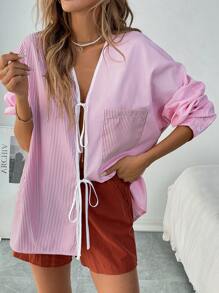 SHEIN LUNE Women Striped Print Tie Up Long Sleeve Shirt - Pink - View 3