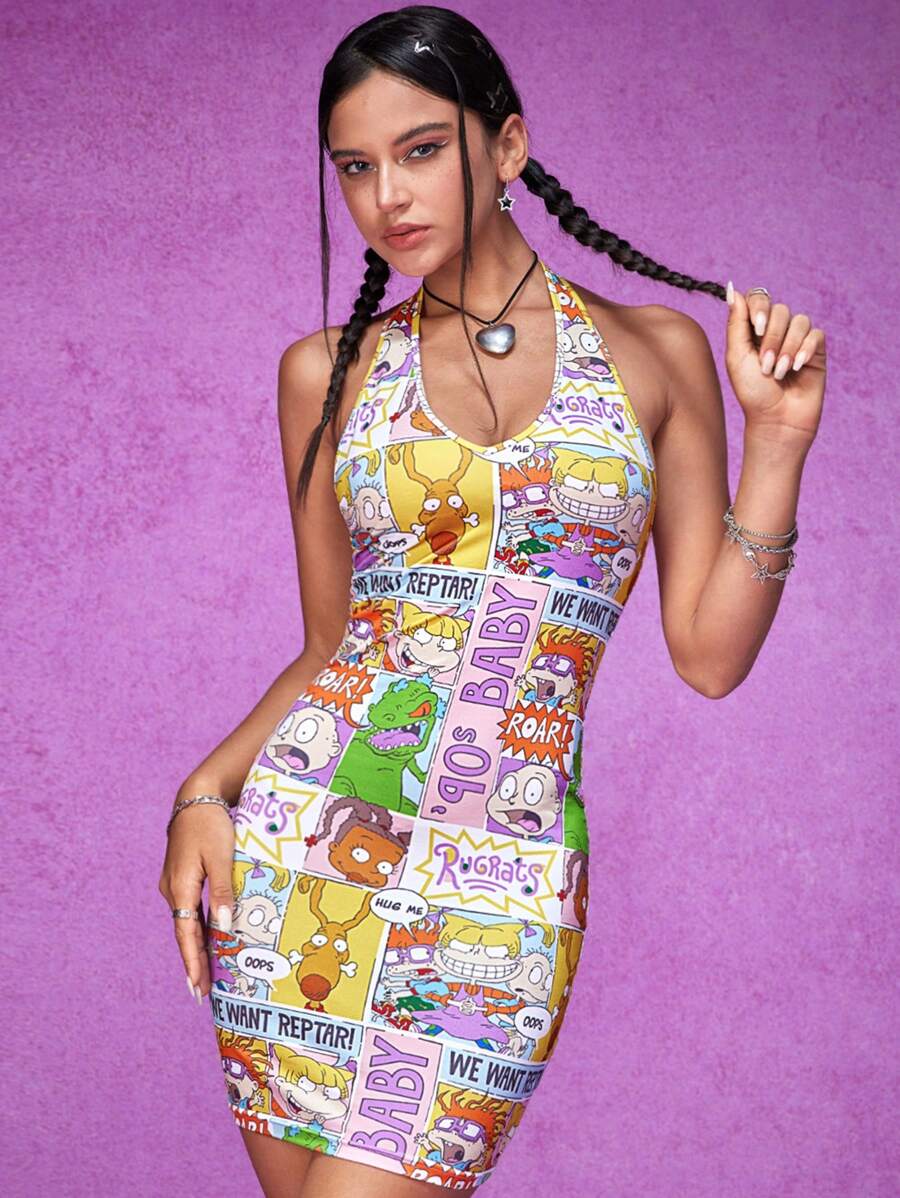 Nick 90s | SHEIN Pop Art Print Open Back Halter Comic Sense  V-Neck Halter Neck Tight Millennium Summer Teens Jersey Dresses - Multicolor - View 1
